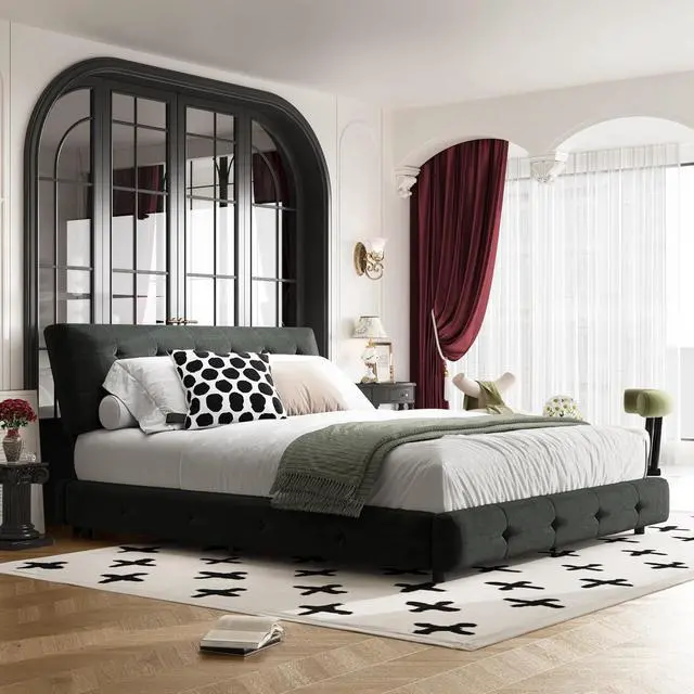 Alt view image 3 of 7 - Tufted Queen Size Bed Frame with Cloud Pillow Headboard, Chenille Ultra-Soft Upholstered Bed with Extra-Large Headboard, Platform Double Bed with Metal and Wood Slats Support, Noise-Free, Black