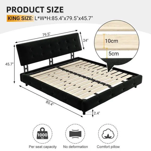Alt view image 2 of 7 - Tufted King Size Bed Frame with Cloud Pillow Headboard, Chenille Ultra-Soft Upholstered Bed with Extra-Large Headboard, Platform Double Bed with Metal and Wood Slats Support, Noise-Free, Black