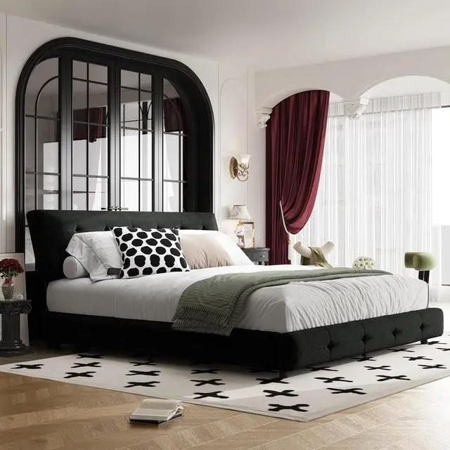 Alt view image 3 of 7 - Tufted King Size Bed Frame with Cloud Pillow Headboard, Chenille Ultra-Soft Upholstered Bed with Extra-Large Headboard, Platform Double Bed with Metal and Wood Slats Support, Noise-Free, Black