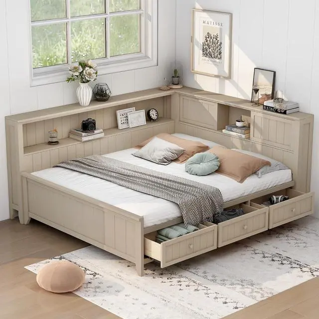 Main image of Full Size Wood Daybed with Storage Shelves & 3 Drawers,Wooden Day Bed Sofa Bed with Cork Board and USB Ports,Daybed Frame for Teens Adults Guests,No Box Spring Needed,Daybed with Storage,Antique