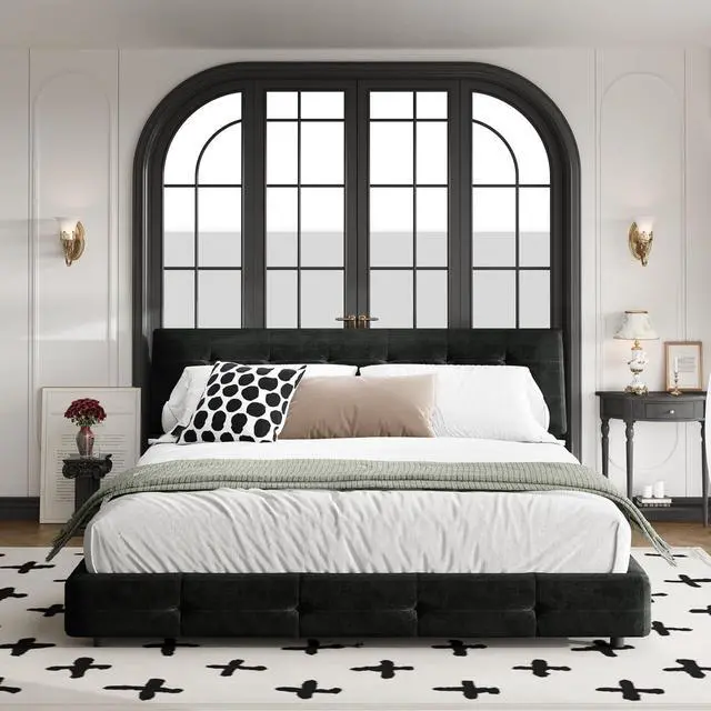 Alt view image 4 of 7 - Tufted King Size Bed Frame with Cloud Pillow Headboard, Chenille Ultra-Soft Upholstered Bed with Extra-Large Headboard, Platform Double Bed with Metal and Wood Slats Support, Noise-Free, Black