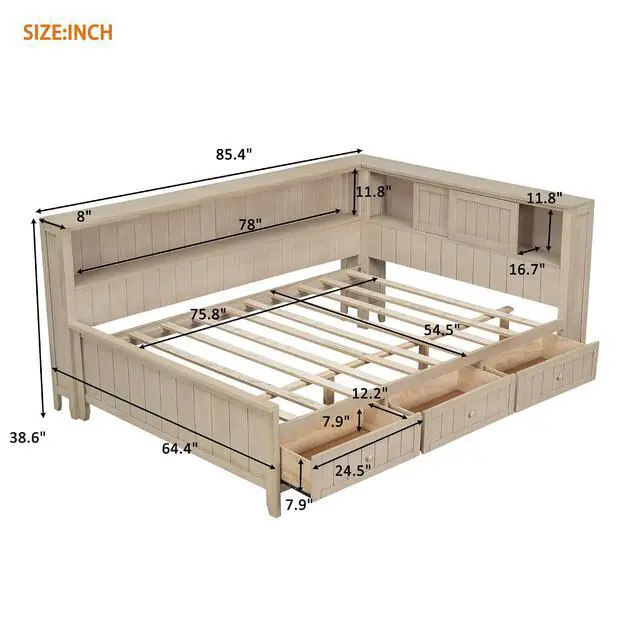 Alt view image 2 of 7 - Full Size Wood Daybed with Storage Shelves & 3 Drawers,Wooden Day Bed Sofa Bed with Cork Board and USB Ports,Daybed Frame for Teens Adults Guests,No Box Spring Needed,Daybed with Storage,Antique