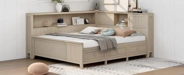 Alt view image 6 of 7 - Full Size Wood Daybed with Storage Shelves & 3 Drawers,Wooden Day Bed Sofa Bed with Cork Board and USB Ports,Daybed Frame for Teens Adults Guests,No Box Spring Needed,Daybed with Storage,Antique