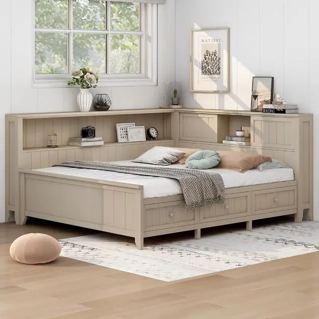 Alt view image 4 of 7 - Full Size Wood Daybed with Storage Shelves & 3 Drawers,Wooden Day Bed Sofa Bed with Cork Board and USB Ports,Daybed Frame for Teens Adults Guests,No Box Spring Needed,Daybed with Storage,Antique
