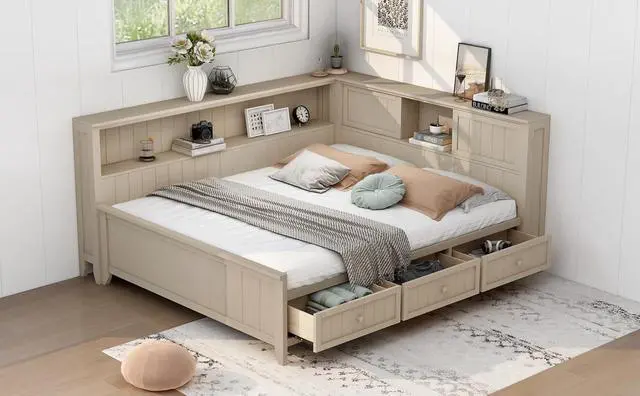 Alt view image 5 of 7 - Full Size Wood Daybed with Storage Shelves & 3 Drawers,Wooden Day Bed Sofa Bed with Cork Board and USB Ports,Daybed Frame for Teens Adults Guests,No Box Spring Needed,Daybed with Storage,Antique
