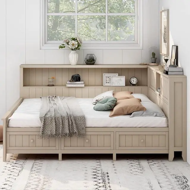Alt view image 3 of 7 - Full Size Wood Daybed with Storage Shelves & 3 Drawers,Wooden Day Bed Sofa Bed with Cork Board and USB Ports,Daybed Frame for Teens Adults Guests,No Box Spring Needed,Daybed with Storage,Antique