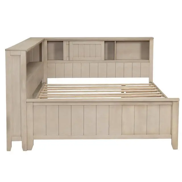 Alt view image 7 of 7 - Full Size Wood Daybed with Storage Shelves & 3 Drawers,Wooden Day Bed Sofa Bed with Cork Board and USB Ports,Daybed Frame for Teens Adults Guests,No Box Spring Needed,Daybed with Storage,Antique