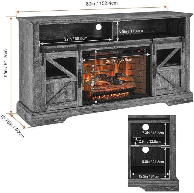 Alt view image 2 of 7 - Fireplace TV Stand for 65 Inch TV, 60 Entertainment Center with 26 Electric Fireplace, Media Console Table with Door Sensor, Farmhouse TV Stand for Living Room, Dark Oak