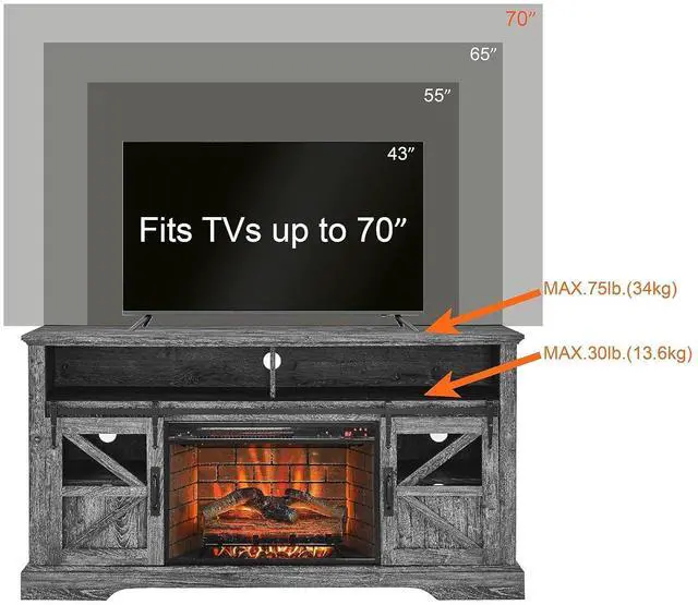Alt view image 4 of 7 - Fireplace TV Stand for 65 Inch TV, 60 Entertainment Center with 26 Electric Fireplace, Media Console Table with Door Sensor, Farmhouse TV Stand for Living Room, Dark Oak
