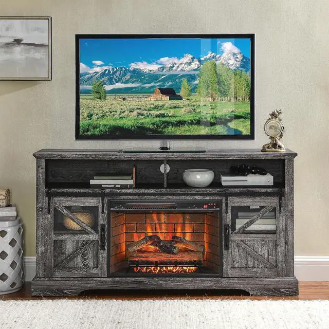 Main image of Fireplace TV Stand for 65 Inch TV, 60 Entertainment Center with 26 Electric Fireplace, Media Console Table with Door Sensor, Farmhouse TV Stand for Living Room, Dark Oak
