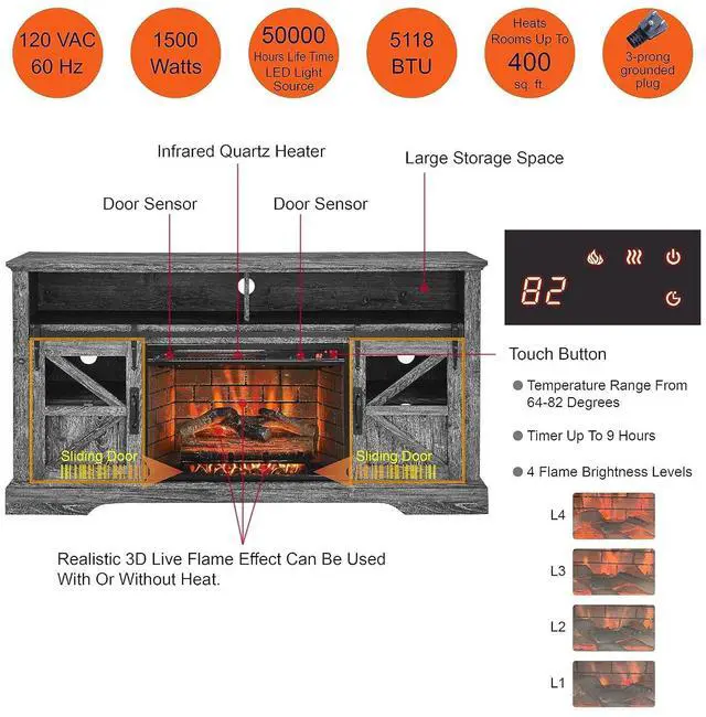 Alt view image 5 of 7 - Fireplace TV Stand for 65 Inch TV, 60 Entertainment Center with 26 Electric Fireplace, Media Console Table with Door Sensor, Farmhouse TV Stand for Living Room, Dark Oak