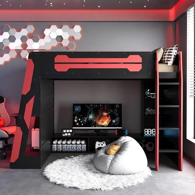Alt view image 2 of 7 - Twin Size Wood Loft Bed with Desk and Storage Shelves, Multi-Storage High Gaming Bed with Stairs, Charging Ports, RGB Light for Boys and Girls Small Space Bedroom Guest Room, Red