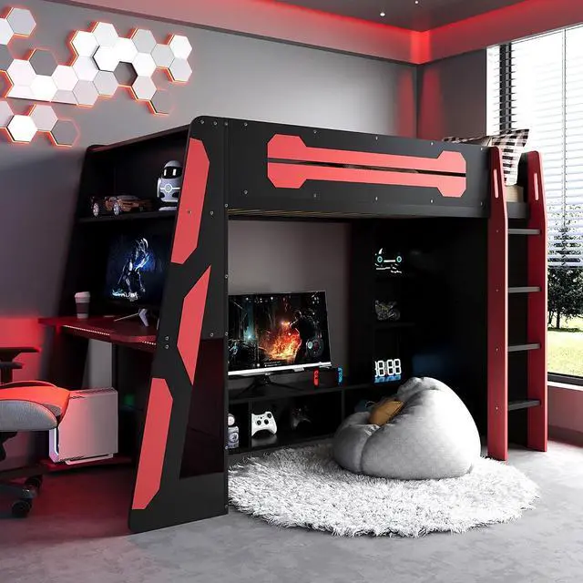 Main image of Twin Size Wood Loft Bed with Desk and Storage Shelves, Multi-Storage High Gaming Bed with Stairs, Charging Ports, RGB Light for Boys and Girls Small Space Bedroom Guest Room, Red