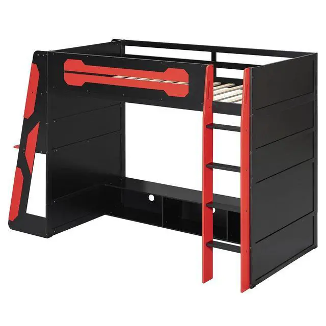 Alt view image 4 of 7 - Twin Size Wood Loft Bed with Desk and Storage Shelves, Multi-Storage High Gaming Bed with Stairs, Charging Ports, RGB Light for Boys and Girls Small Space Bedroom Guest Room, Red