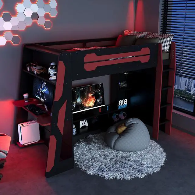 Alt view image 3 of 7 - Twin Size Wood Loft Bed with Desk and Storage Shelves, Multi-Storage High Gaming Bed with Stairs, Charging Ports, RGB Light for Boys and Girls Small Space Bedroom Guest Room, Red