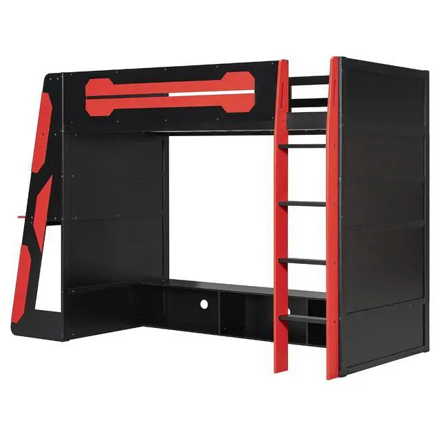 Alt view image 5 of 7 - Twin Size Wood Loft Bed with Desk and Storage Shelves, Multi-Storage High Gaming Bed with Stairs, Charging Ports, RGB Light for Boys and Girls Small Space Bedroom Guest Room, Red