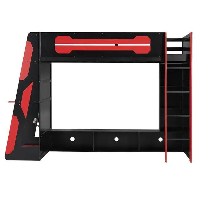 Alt view image 6 of 7 - Twin Size Wood Loft Bed with Desk and Storage Shelves, Multi-Storage High Gaming Bed with Stairs, Charging Ports, RGB Light for Boys and Girls Small Space Bedroom Guest Room, Red