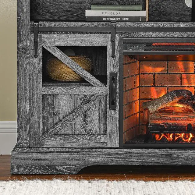 Alt view image 7 of 7 - Fireplace TV Stand for 65 Inch TV, 60 Entertainment Center with 26 Electric Fireplace, Media Console Table with Door Sensor, Farmhouse TV Stand for Living Room, Dark Oak