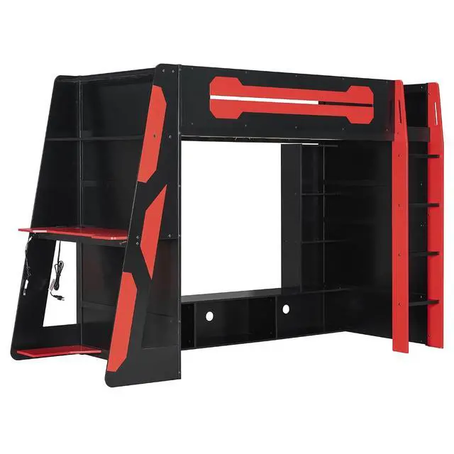 Alt view image 7 of 7 - Twin Size Wood Loft Bed with Desk and Storage Shelves, Multi-Storage High Gaming Bed with Stairs, Charging Ports, RGB Light for Boys and Girls Small Space Bedroom Guest Room, Red
