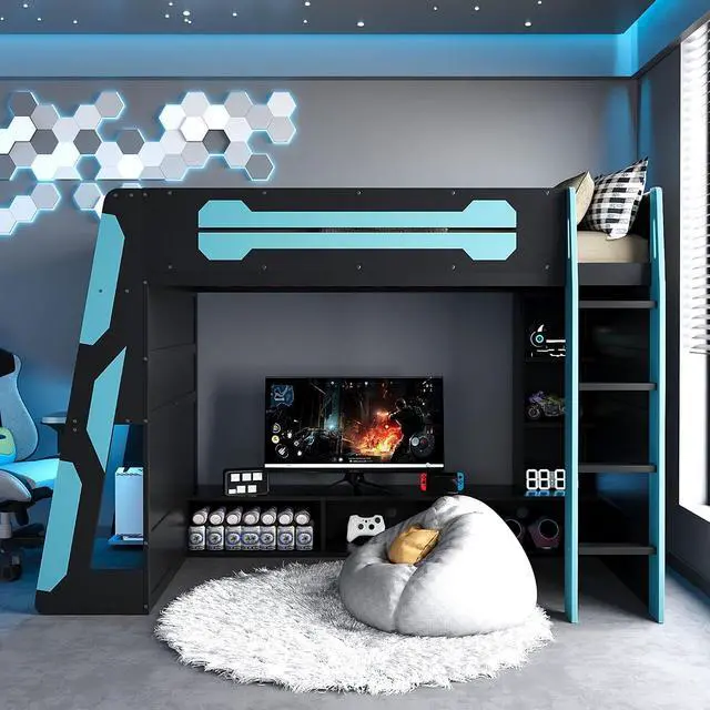 Alt view image 2 of 7 - Twin Size Wood Loft Bed with Desk and Storage Shelves, Multi-Storage High Gaming Bed with Stairs, Charging Ports, RGB Light for Boys and Girls Small Space Bedroom Guest Room, Cloud Blue