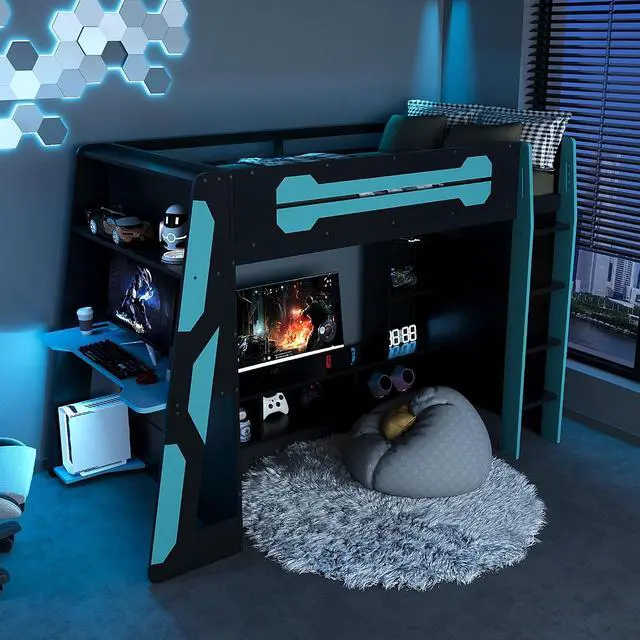 Alt view image 3 of 7 - Twin Size Wood Loft Bed with Desk and Storage Shelves, Multi-Storage High Gaming Bed with Stairs, Charging Ports, RGB Light for Boys and Girls Small Space Bedroom Guest Room, Cloud Blue