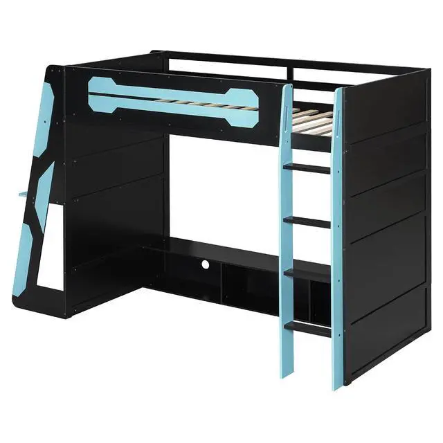 Alt view image 4 of 7 - Twin Size Wood Loft Bed with Desk and Storage Shelves, Multi-Storage High Gaming Bed with Stairs, Charging Ports, RGB Light for Boys and Girls Small Space Bedroom Guest Room, Cloud Blue