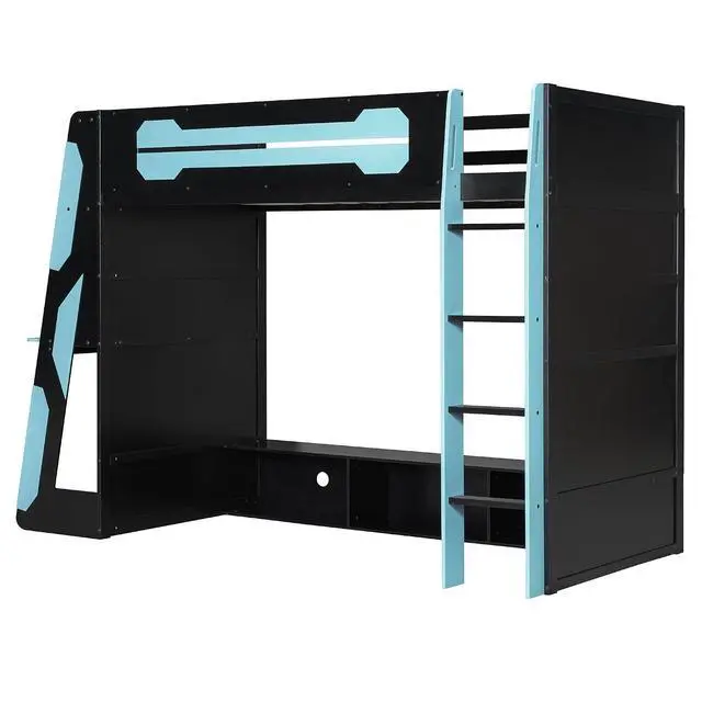 Alt view image 5 of 7 - Twin Size Wood Loft Bed with Desk and Storage Shelves, Multi-Storage High Gaming Bed with Stairs, Charging Ports, RGB Light for Boys and Girls Small Space Bedroom Guest Room, Cloud Blue