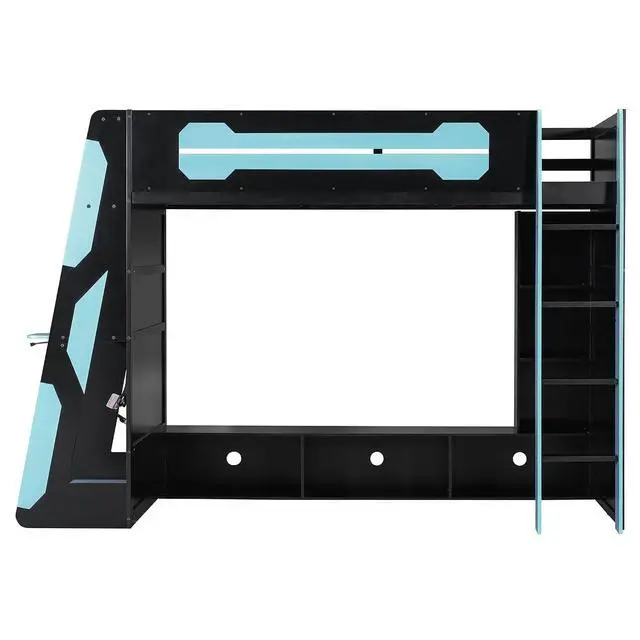 Alt view image 6 of 7 - Twin Size Wood Loft Bed with Desk and Storage Shelves, Multi-Storage High Gaming Bed with Stairs, Charging Ports, RGB Light for Boys and Girls Small Space Bedroom Guest Room, Cloud Blue