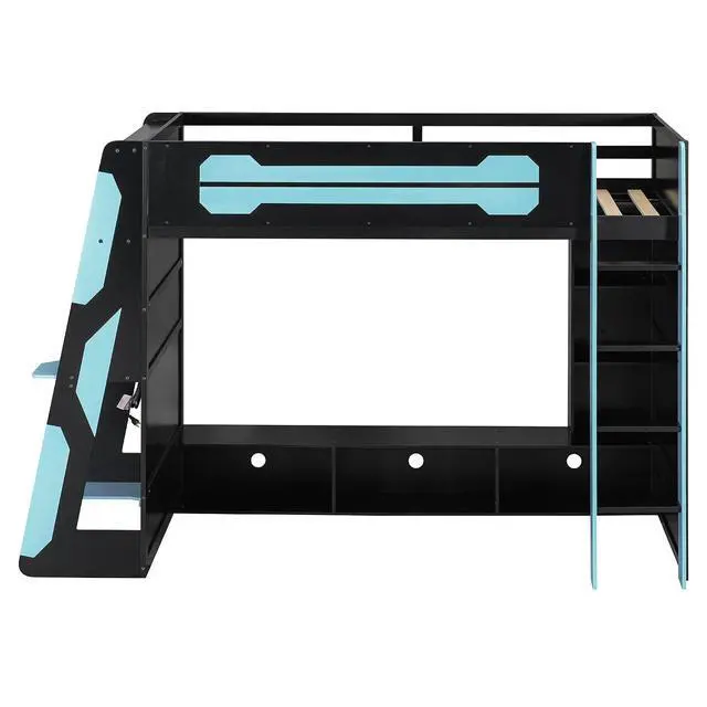 Alt view image 7 of 7 - Twin Size Wood Loft Bed with Desk and Storage Shelves, Multi-Storage High Gaming Bed with Stairs, Charging Ports, RGB Light for Boys and Girls Small Space Bedroom Guest Room, Cloud Blue