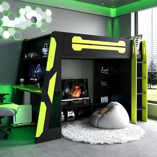 Main image of Twin Size Wood Loft Bed with Desk and Storage Shelves, Multi-Storage High Gaming Bed with Stairs, Charging Ports, RGB Light for Boys and Girls Small Space Bedroom Guest Room, Green