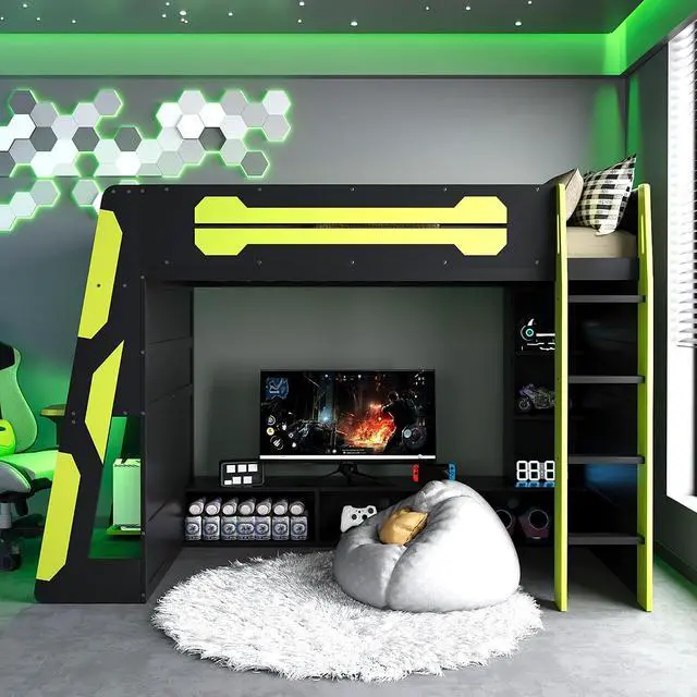 Alt view image 2 of 7 - Twin Size Wood Loft Bed with Desk and Storage Shelves, Multi-Storage High Gaming Bed with Stairs, Charging Ports, RGB Light for Boys and Girls Small Space Bedroom Guest Room, Green