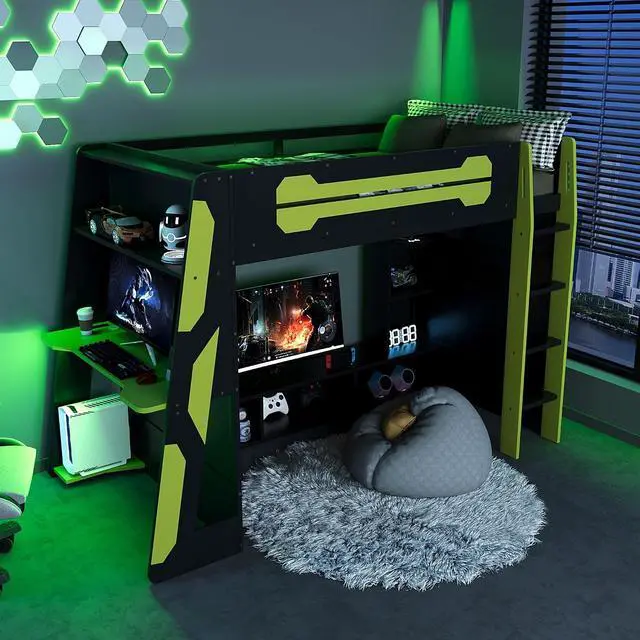 Alt view image 3 of 7 - Twin Size Wood Loft Bed with Desk and Storage Shelves, Multi-Storage High Gaming Bed with Stairs, Charging Ports, RGB Light for Boys and Girls Small Space Bedroom Guest Room, Green