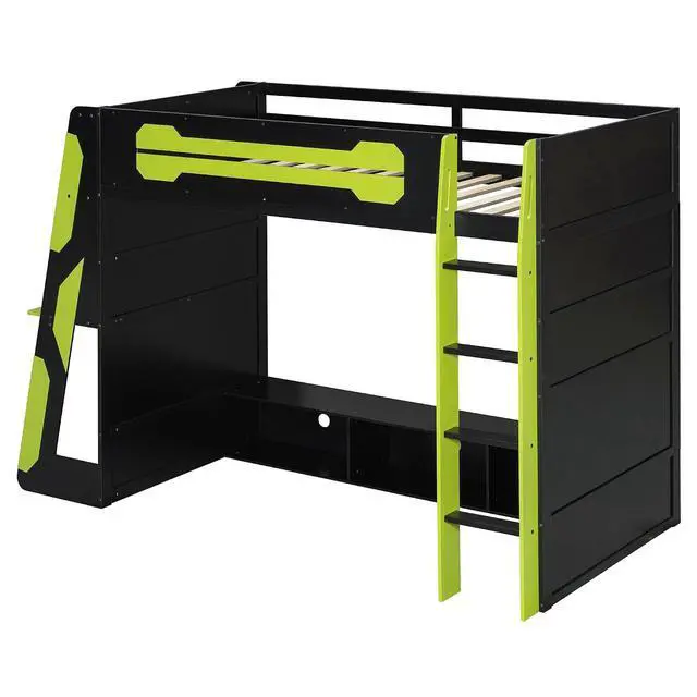 Alt view image 4 of 7 - Twin Size Wood Loft Bed with Desk and Storage Shelves, Multi-Storage High Gaming Bed with Stairs, Charging Ports, RGB Light for Boys and Girls Small Space Bedroom Guest Room, Green