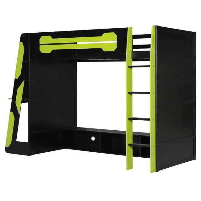 Alt view image 5 of 7 - Twin Size Wood Loft Bed with Desk and Storage Shelves, Multi-Storage High Gaming Bed with Stairs, Charging Ports, RGB Light for Boys and Girls Small Space Bedroom Guest Room, Green