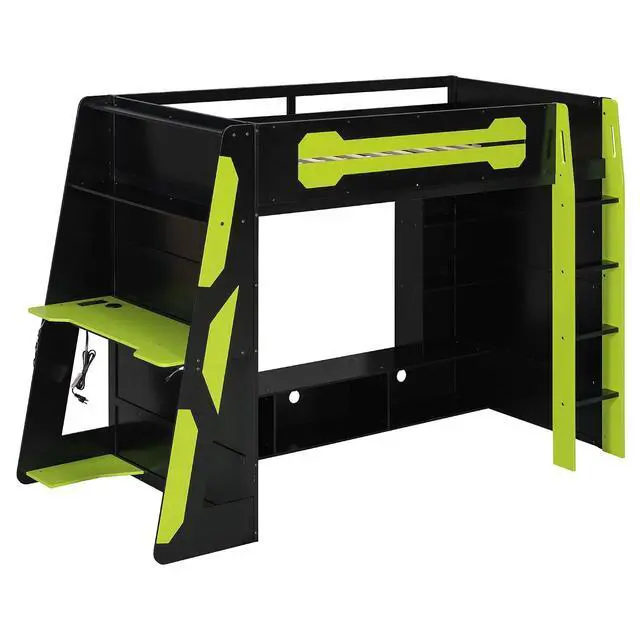 Alt view image 6 of 7 - Twin Size Wood Loft Bed with Desk and Storage Shelves, Multi-Storage High Gaming Bed with Stairs, Charging Ports, RGB Light for Boys and Girls Small Space Bedroom Guest Room, Green