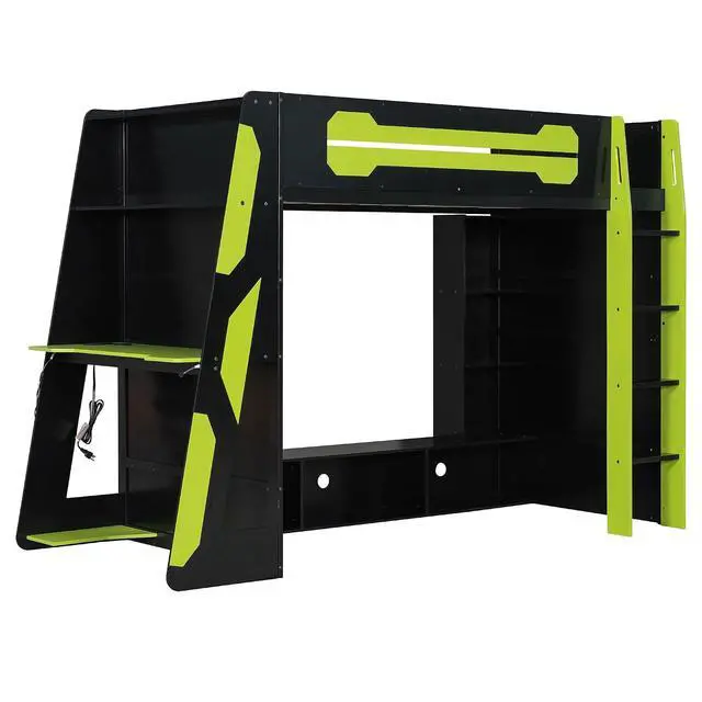 Alt view image 7 of 7 - Twin Size Wood Loft Bed with Desk and Storage Shelves, Multi-Storage High Gaming Bed with Stairs, Charging Ports, RGB Light for Boys and Girls Small Space Bedroom Guest Room, Green