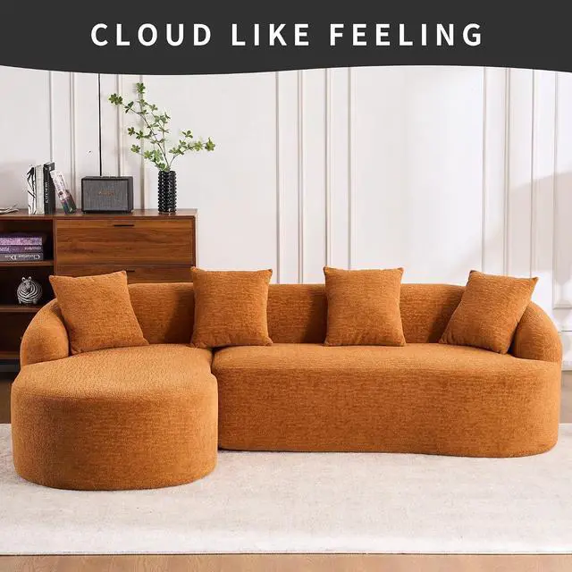 Alt view image 2 of 7 - L-Shaped Modular Sofa with Chaise Longue, 3-Seater, Wood Grain Chenille Fabric, Full Sponge Compression, Includes 4 Pillows Comfortable Living Room Sofa for Home & Apartment