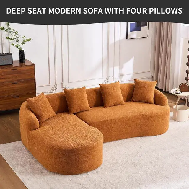 Alt view image 4 of 7 - L-Shaped Modular Sofa with Chaise Longue, 3-Seater, Wood Grain Chenille Fabric, Full Sponge Compression, Includes 4 Pillows Comfortable Living Room Sofa for Home & Apartment