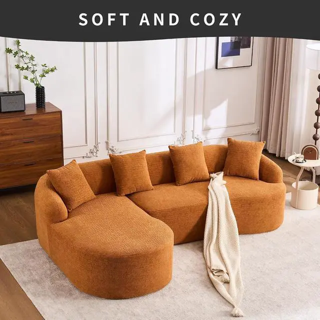 Alt view image 6 of 7 - L-Shaped Modular Sofa with Chaise Longue, 3-Seater, Wood Grain Chenille Fabric, Full Sponge Compression, Includes 4 Pillows Comfortable Living Room Sofa for Home & Apartment