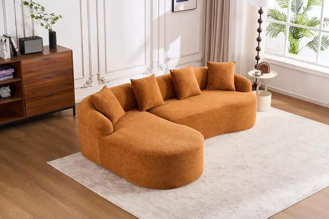 Alt view image 3 of 7 - L-Shaped Modular Sofa with Chaise Longue, 3-Seater, Wood Grain Chenille Fabric, Full Sponge Compression, Includes 4 Pillows Comfortable Living Room Sofa for Home & Apartment