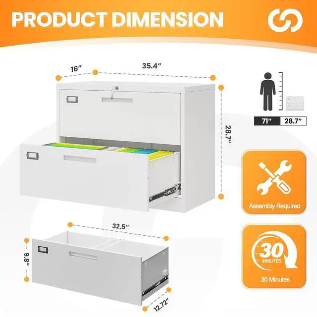 Alt view image 3 of 6 - 2 Drawer File Cabinets for Home Office, Metal Filing Cabinet with Lock, White Locking File Caninet Two Drawer, Office Storage Caninets Steel Cabnet for Letter/Legal/A4/F4-Assembly Required