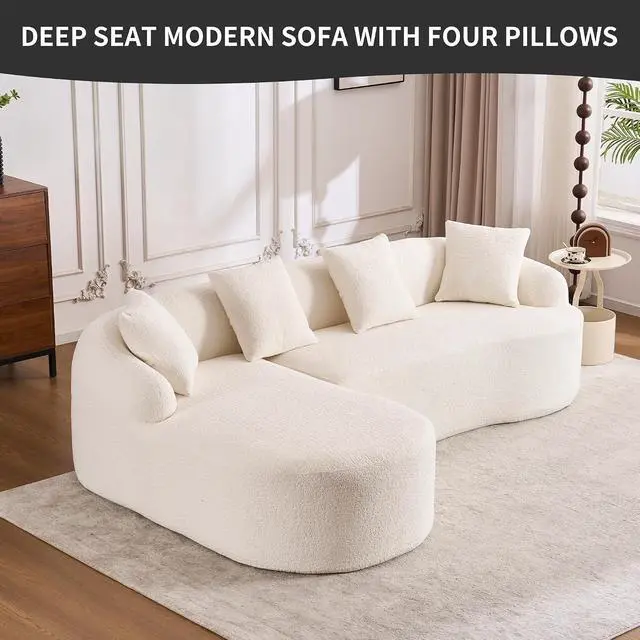 Alt view image 4 of 7 - L-Shaped Modular Sofa with Chaise Longue, 3-Seater, Wood Grain Chenille Fabric, Full Sponge Compression, Includes 4 Pillows Comfortable Living Room Sofa for Home & Apartment