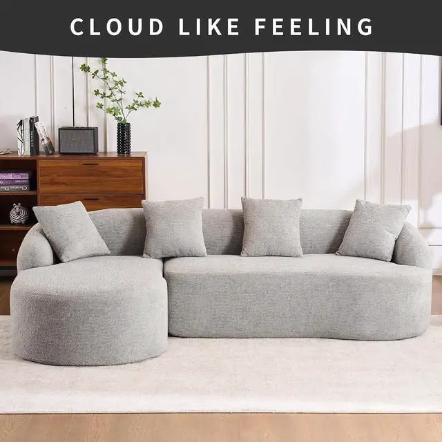 Alt view image 2 of 7 - L-Shaped Modular Sofa with Chaise Longue, 3-Seater, Wood Grain Chenille Fabric, Full Sponge Compression, Includes 4 Pillows Comfortable Living Room Sofa for Home & Apartment