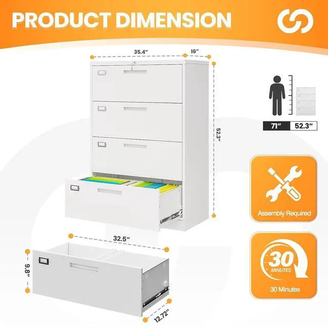 Alt view image 3 of 7 - 4 Drawer File Cabinets for Home Office, Metal Filing Cabinet with Lock, White Locking File Caninet Four Drawer, Office Storage Caninets Steel Cabnet for Letter/Legal/A4/F4-Assembly Required
