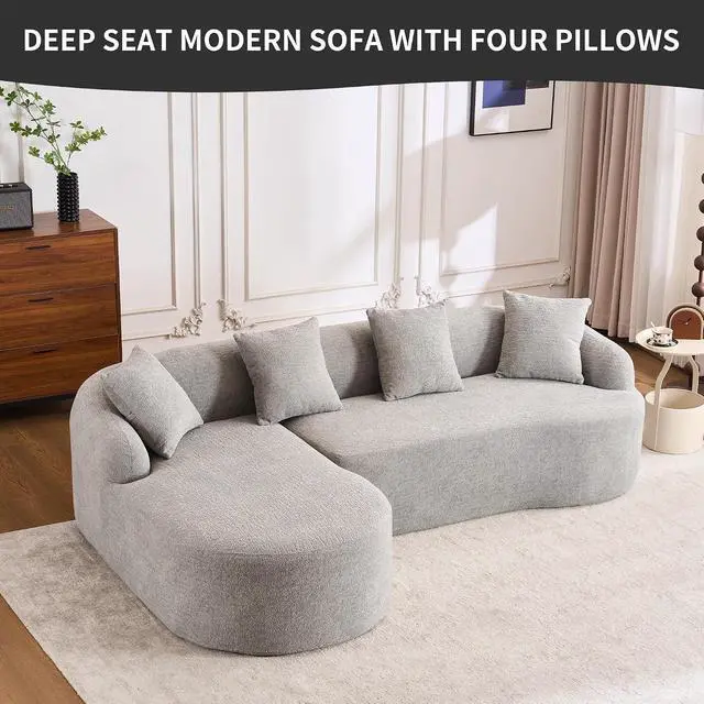 Alt view image 3 of 7 - L-Shaped Modular Sofa with Chaise Longue, 3-Seater, Wood Grain Chenille Fabric, Full Sponge Compression, Includes 4 Pillows Comfortable Living Room Sofa for Home & Apartment