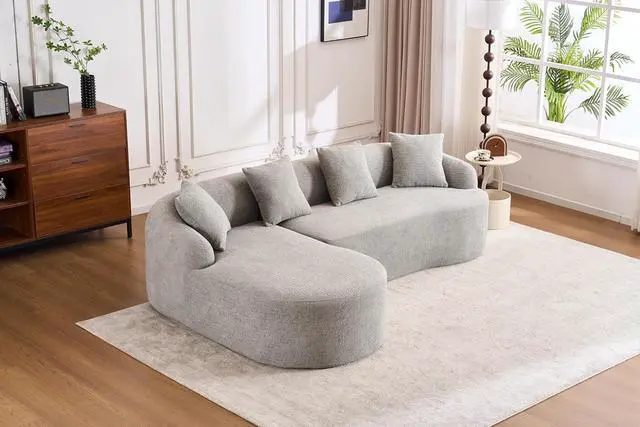 Alt view image 4 of 7 - L-Shaped Modular Sofa with Chaise Longue, 3-Seater, Wood Grain Chenille Fabric, Full Sponge Compression, Includes 4 Pillows Comfortable Living Room Sofa for Home & Apartment