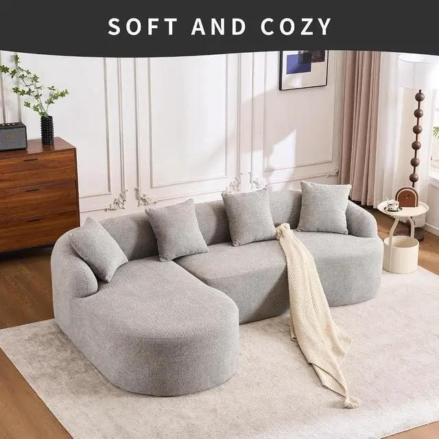 Alt view image 5 of 7 - L-Shaped Modular Sofa with Chaise Longue, 3-Seater, Wood Grain Chenille Fabric, Full Sponge Compression, Includes 4 Pillows Comfortable Living Room Sofa for Home & Apartment