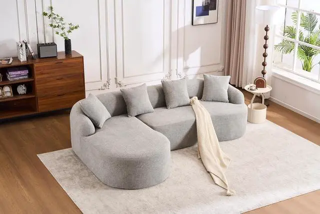 Alt view image 6 of 7 - L-Shaped Modular Sofa with Chaise Longue, 3-Seater, Wood Grain Chenille Fabric, Full Sponge Compression, Includes 4 Pillows Comfortable Living Room Sofa for Home & Apartment