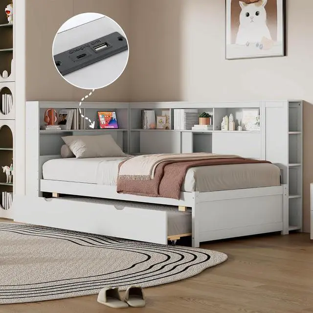 Main image of Twin Size Wood Daybed with Storage Shelves, USB Port, and Trundle - Versatile Bed Frame for Bedroom, Living Room, and Guest Room
