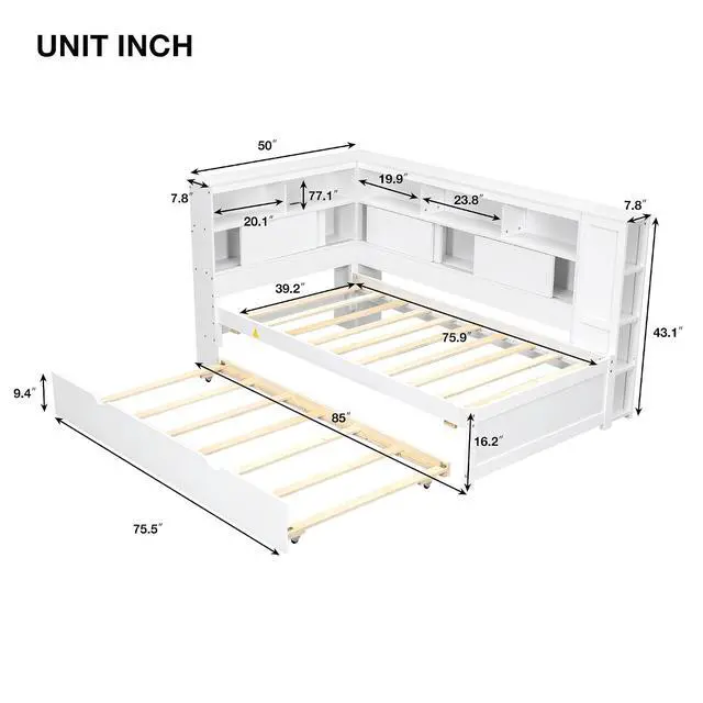 Alt view image 3 of 7 - Twin Size Wood Daybed with Storage Shelves, USB Port, and Trundle - Versatile Bed Frame for Bedroom, Living Room, and Guest Room